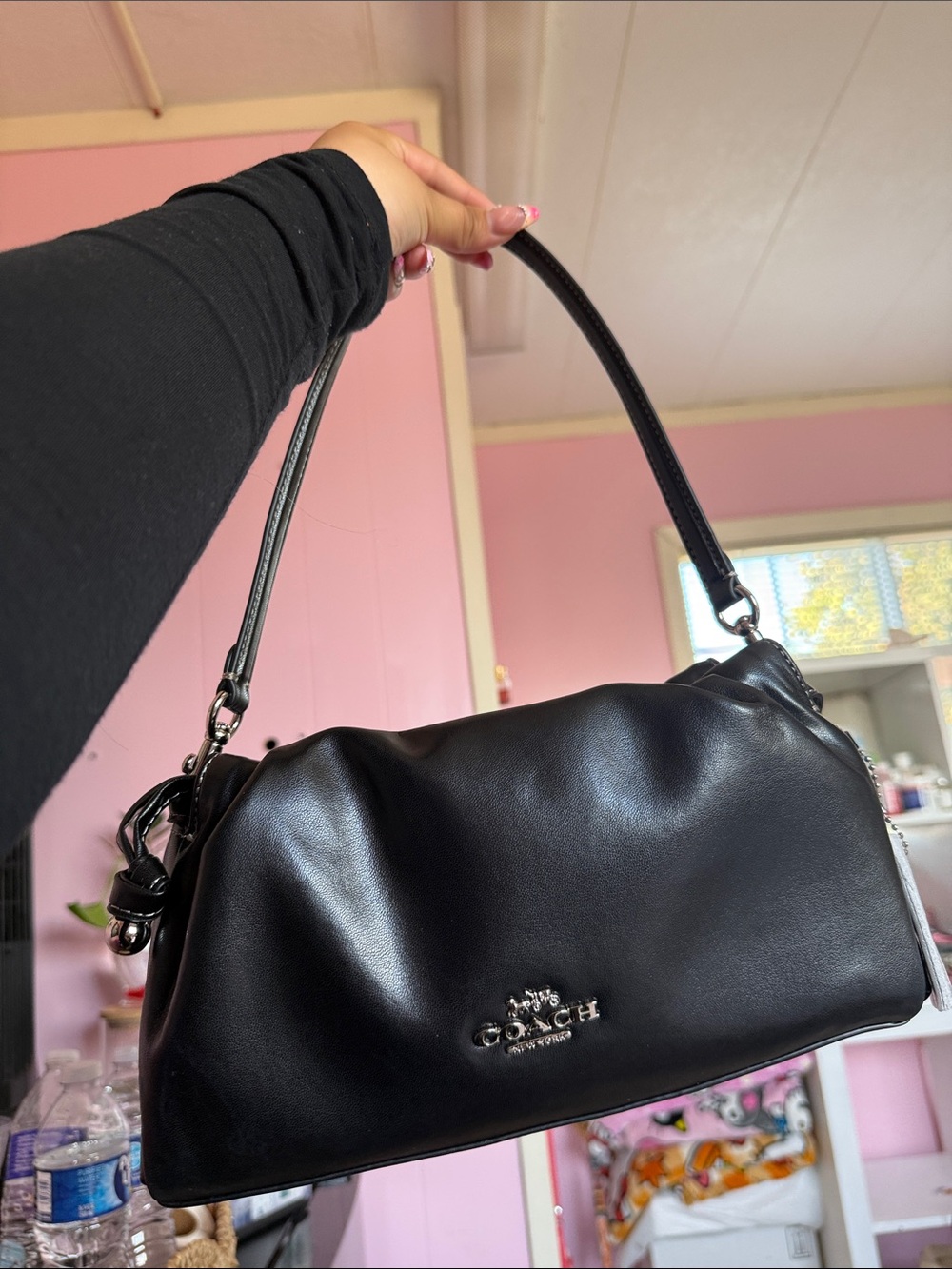 Coach Black Leather Shoulder Satchel with Silver Hardware